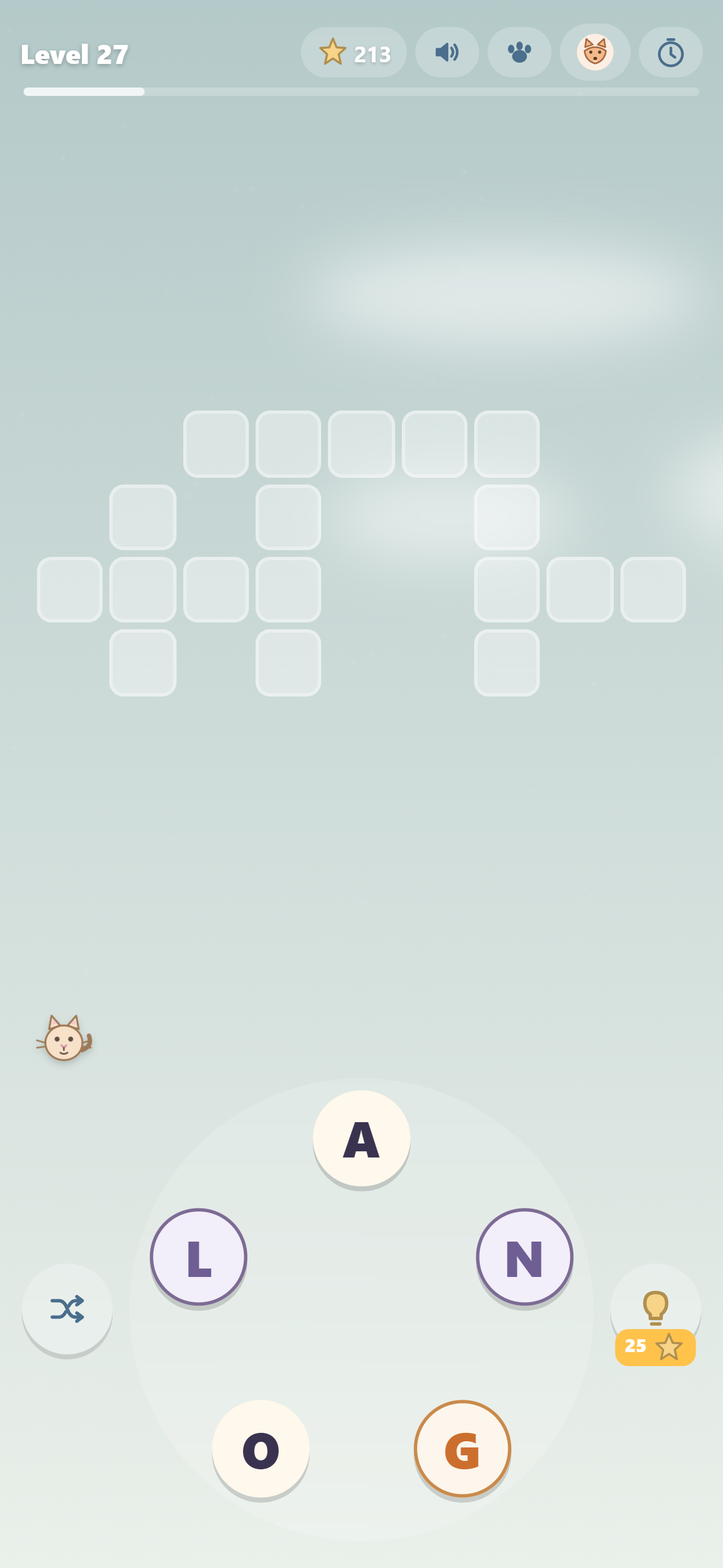 CritterWords gameplay: build words on a letter wheel to fill a crossword grid of real words